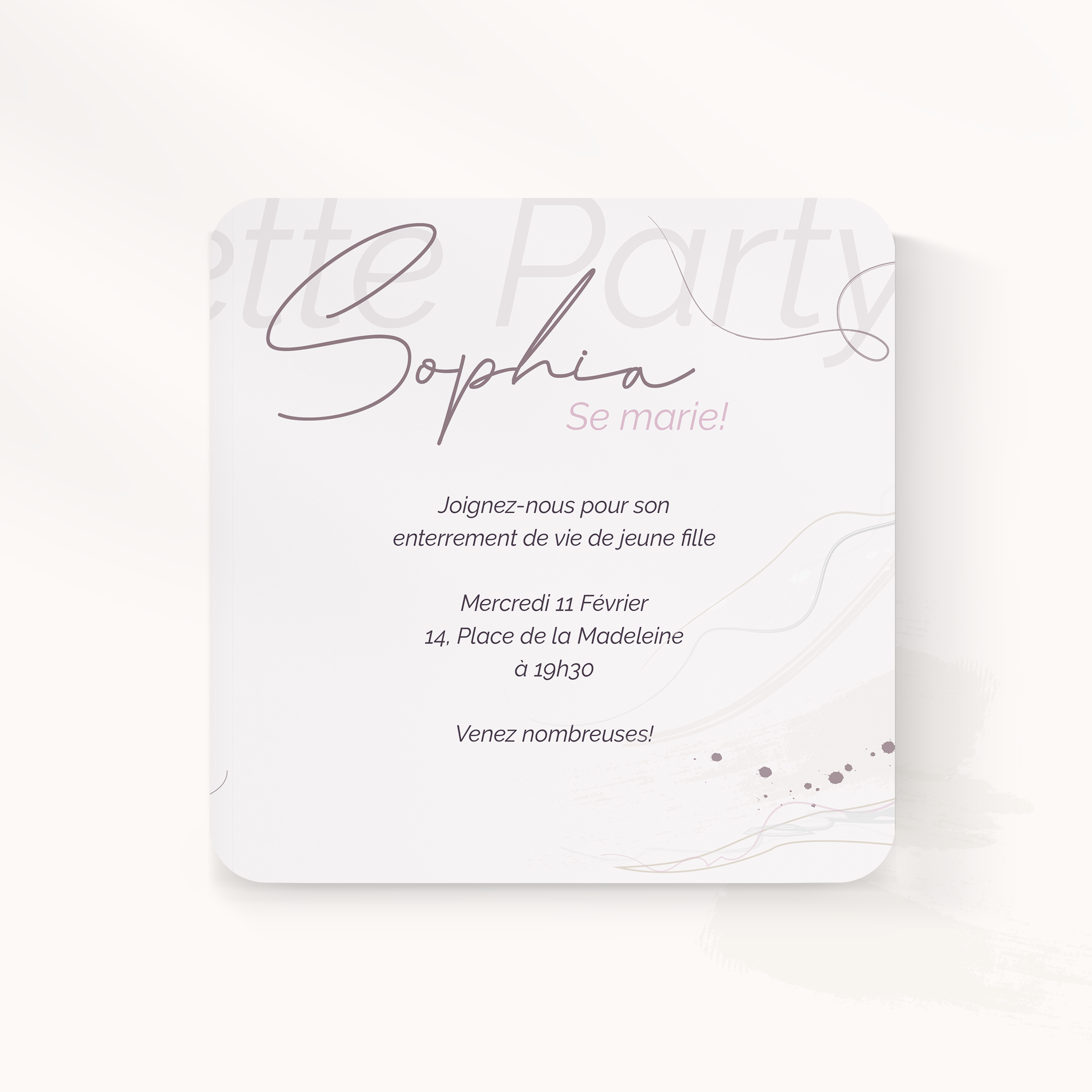 Girl's Night - Cette carte virtuelle carrée, parfaite pour un enterrement de vie de jeune fille ou EVJF, présente une élégante silhouette de mariée dans un style vaporeux. Les tons parme et violets ajoutent une touche de raffinement et de féminité, faisant de cette invitation une œuvre d'art unique et mémorable pour célébrer ce moment spécial.