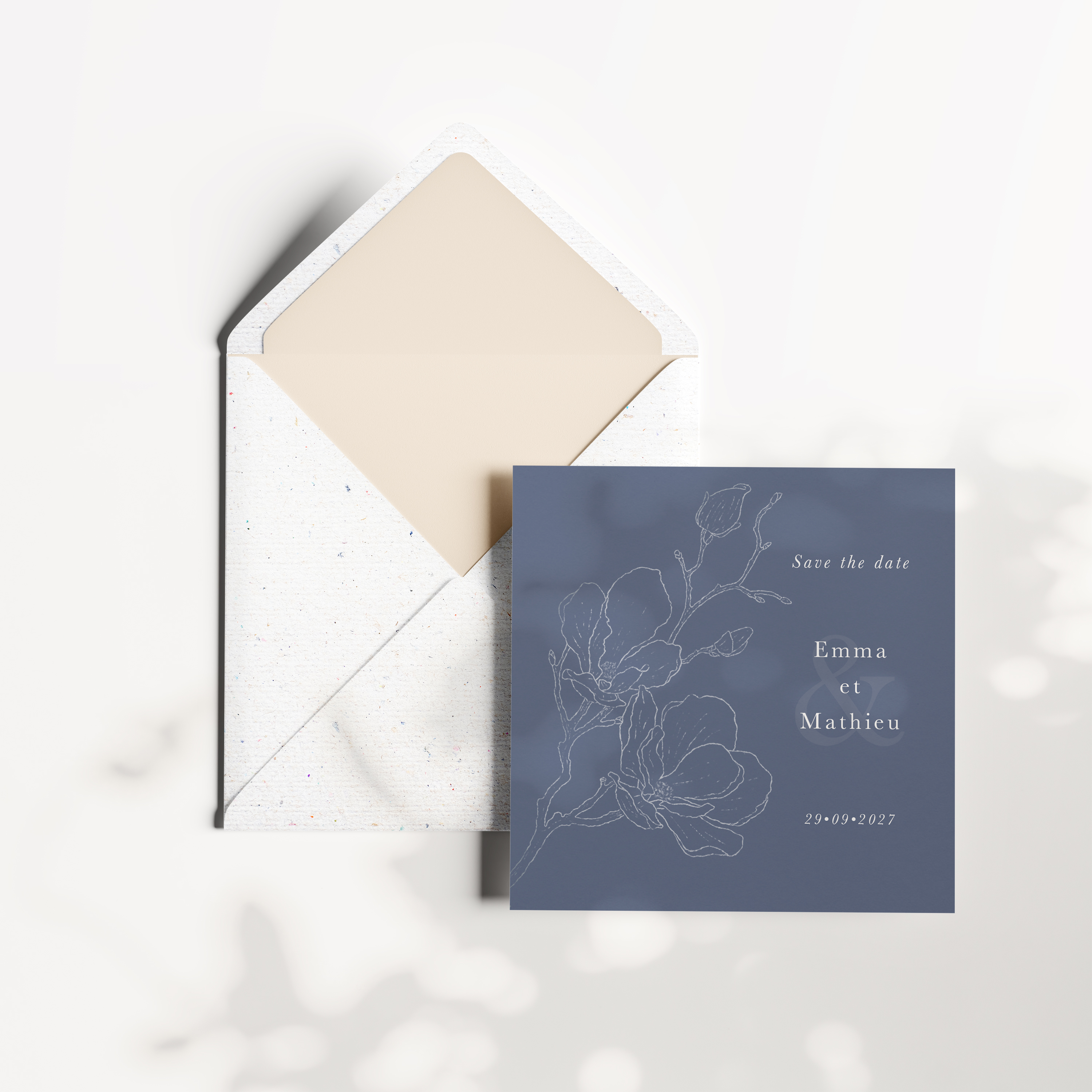 Outline Flower Blue - Discover our square-format digital invitation card. Set against a deep blue background, it highlights delicately embossed flowers, adding a touch of sophistication. Its simple yet elegant design makes it the perfect choice for all your special occasions.