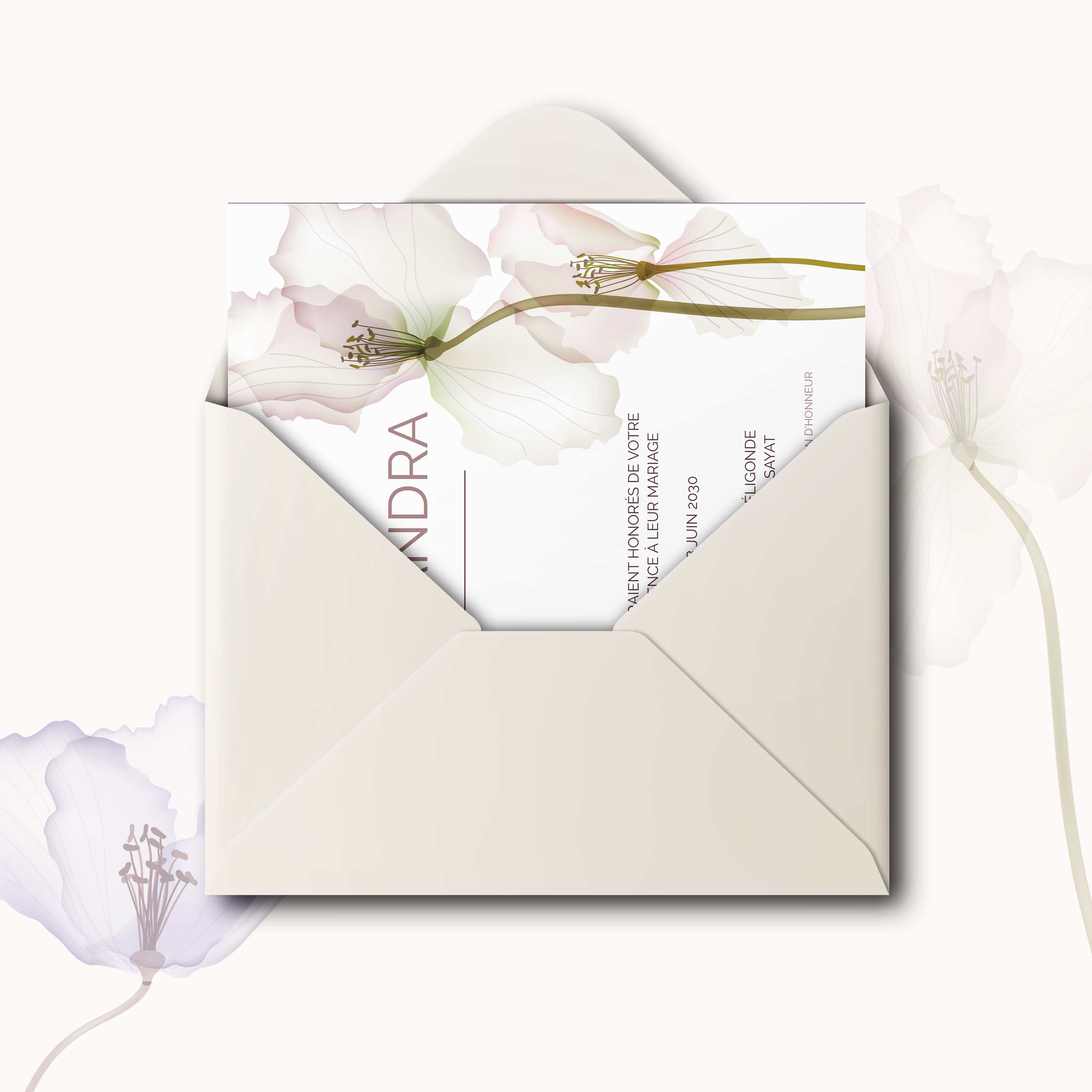 White Elegance - Invitez avec modernité grâce à notre invitation mariage exclusive. Fond clair et fleur parme en transparence pour un effet vaporeux. Idéale pour un mariage contemporain, cette invitation allie tendance et élégance, capturant l'essence d'un moment inoubliable. Parfaite pour annoncer votre union avec style et finesse