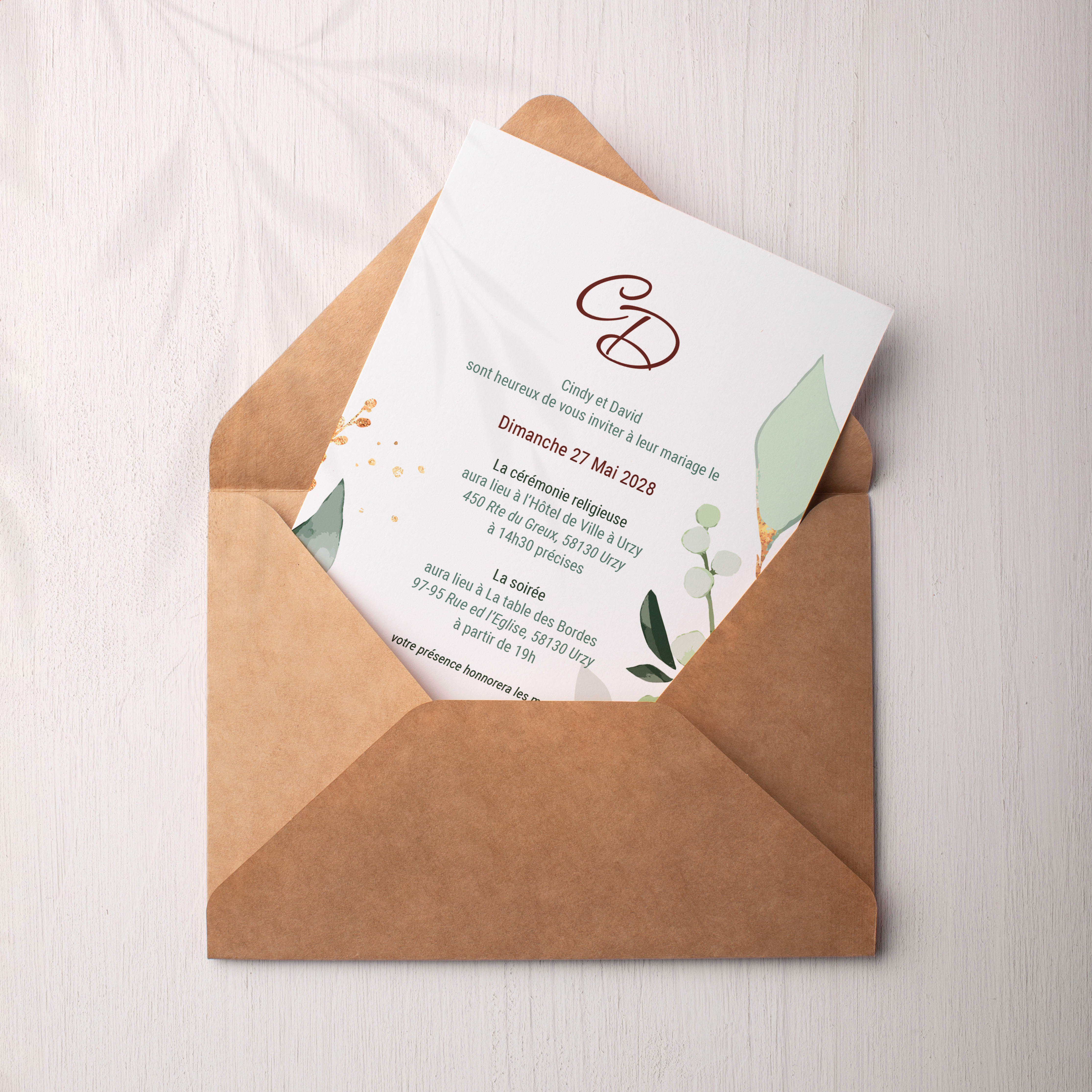 Sage Green Wedding - Découvrez notre invitation de mariage minimaliste, combinant un fond clair avec des feuilles en tons verts et pastels. Son design épuré est rehaussé par une touche discrète de doré, offrant élégance et modernité pour annoncer votre union. Parfait pour les couples cherchant simplicité et raffinement.
