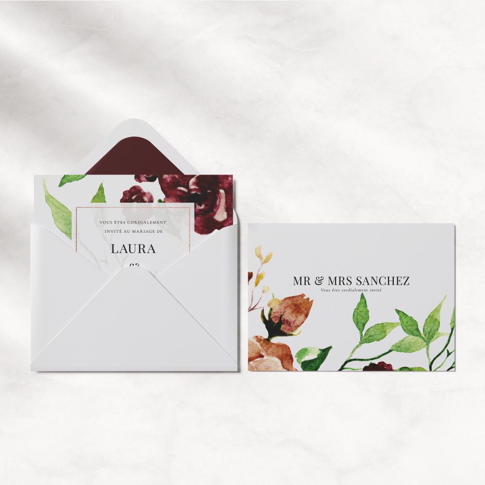 Floraly Invite - Optez pour une carte simple mais expressive. Ses illustrations à l'aquarelle lui donnent une délicate touche sentimentale tandis que ses couleurs vives ajoutent de la bonne humeur. Le tout forme un ensemble harmonieux qui saura séduire vos convives.