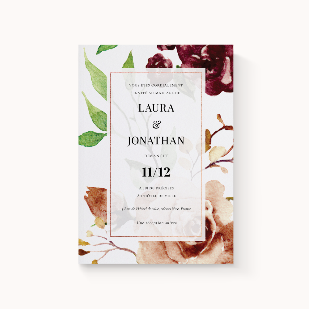 Floraly Invite - Optez pour une carte simple mais expressive. Ses illustrations à l'aquarelle lui donnent une délicate touche sentimentale tandis que ses couleurs vives ajoutent de la bonne humeur. Le tout forme un ensemble harmonieux qui saura séduire vos convives.
