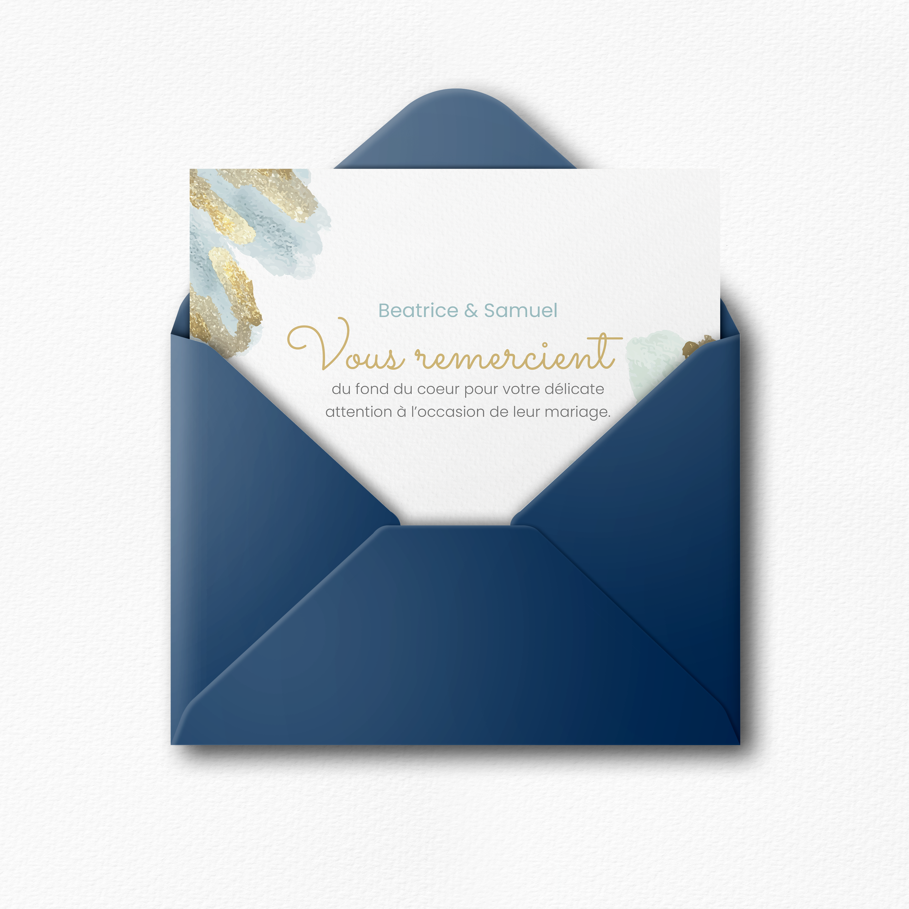Blue Paint Thanks - Découvrez notre carte digitale de remerciements, l'option parfaite pour exprimer votre gratitude suite à votre mariage. Imaginée dans des tons bleus apaisants, elle adopte un style aquarelle doux qui évoque la délicatesse et la romance du grand jour. Des touches de doré viennent rehausser le design, ajoutant une note d'élégance et de luxe. Cette carte est une manière distinguée et contemporaine de dire « merci » à vos proches, en leur laissant un souvenir gracieux et mémorable de cette célébration unique.