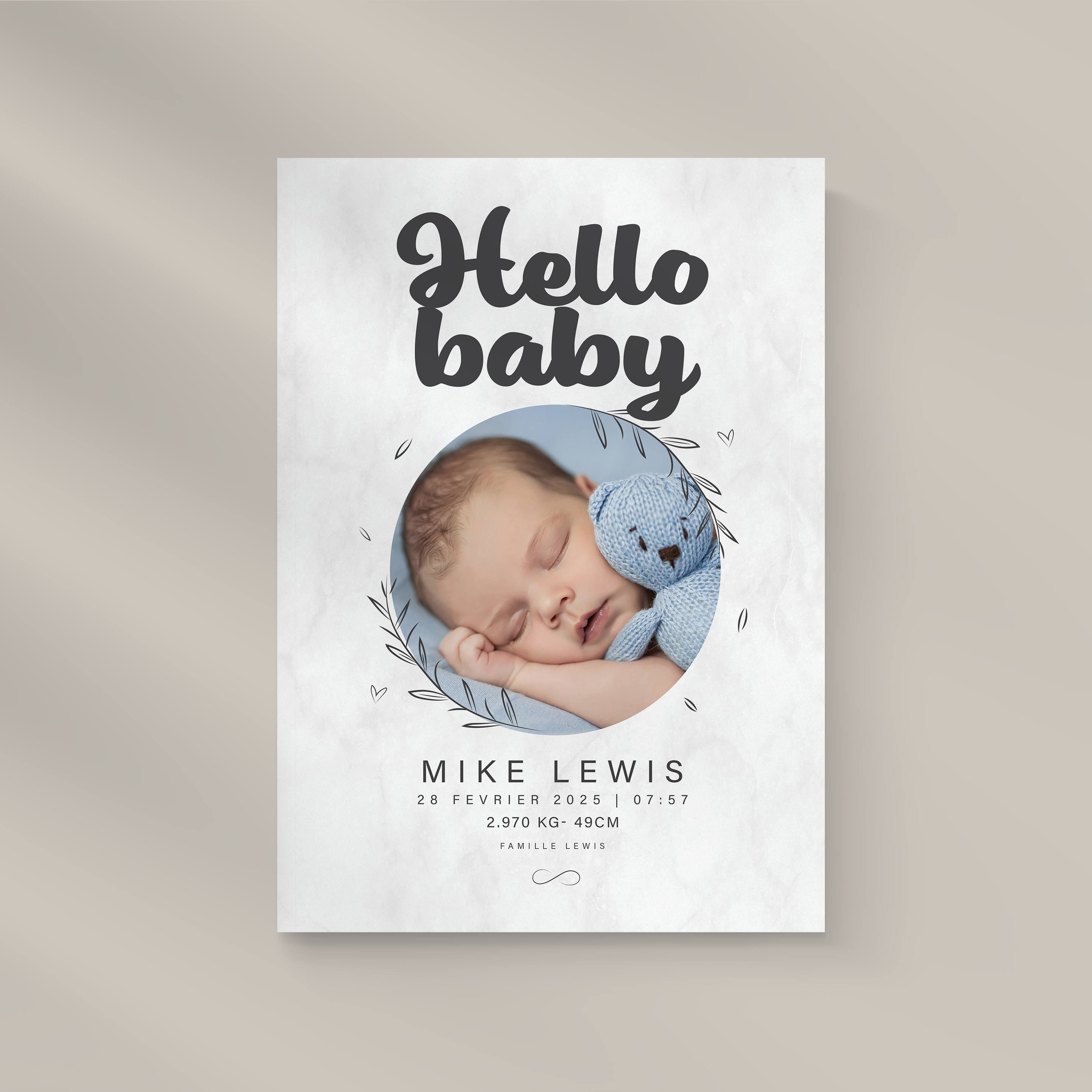 Hello Baby - Une carte douce pour annoncer une douce nouvelle avec la photo de votre nouveau né au centre de l'attention.